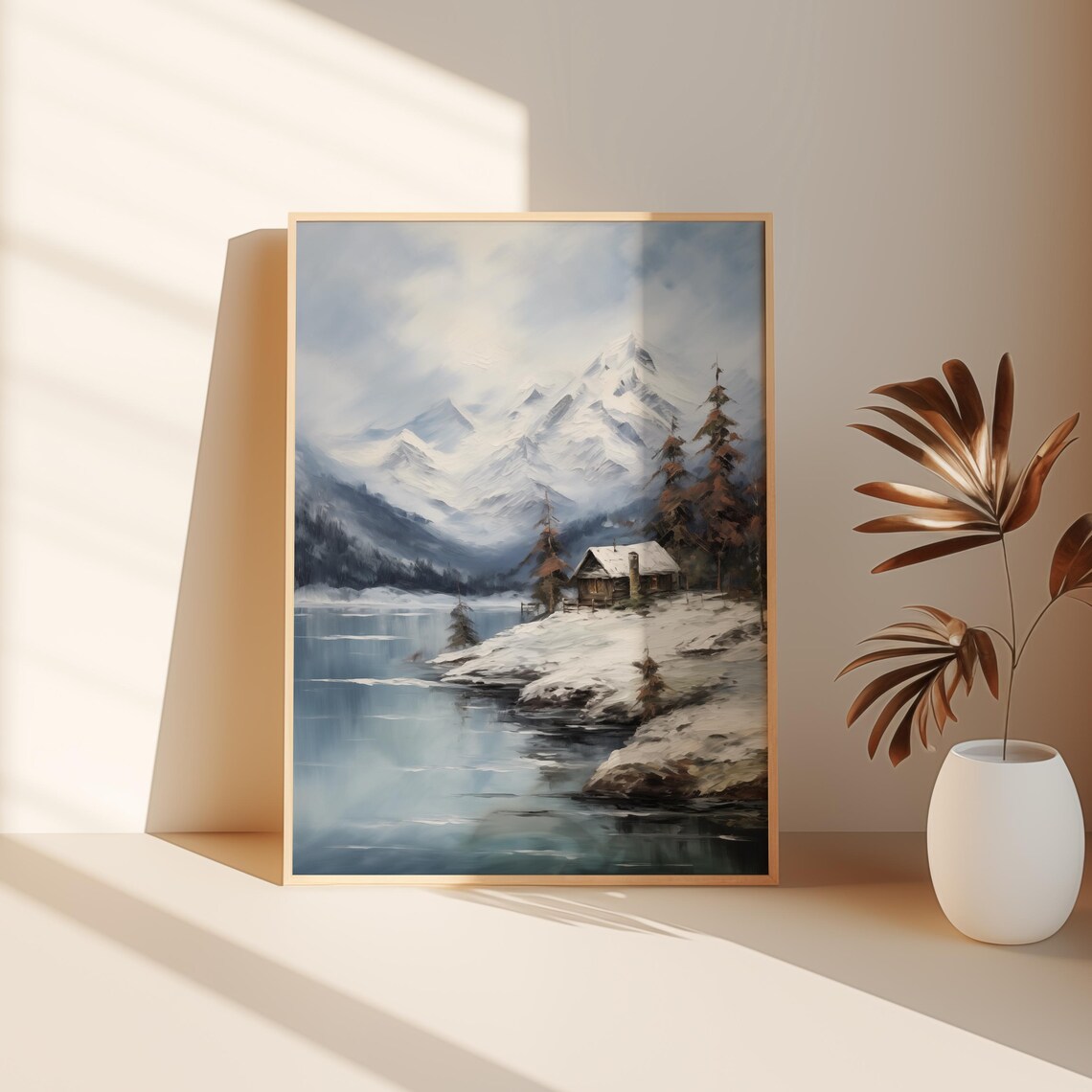 Snowy Mountain Cabin Beside Still Winter Lake Vintage Poster - Image 3