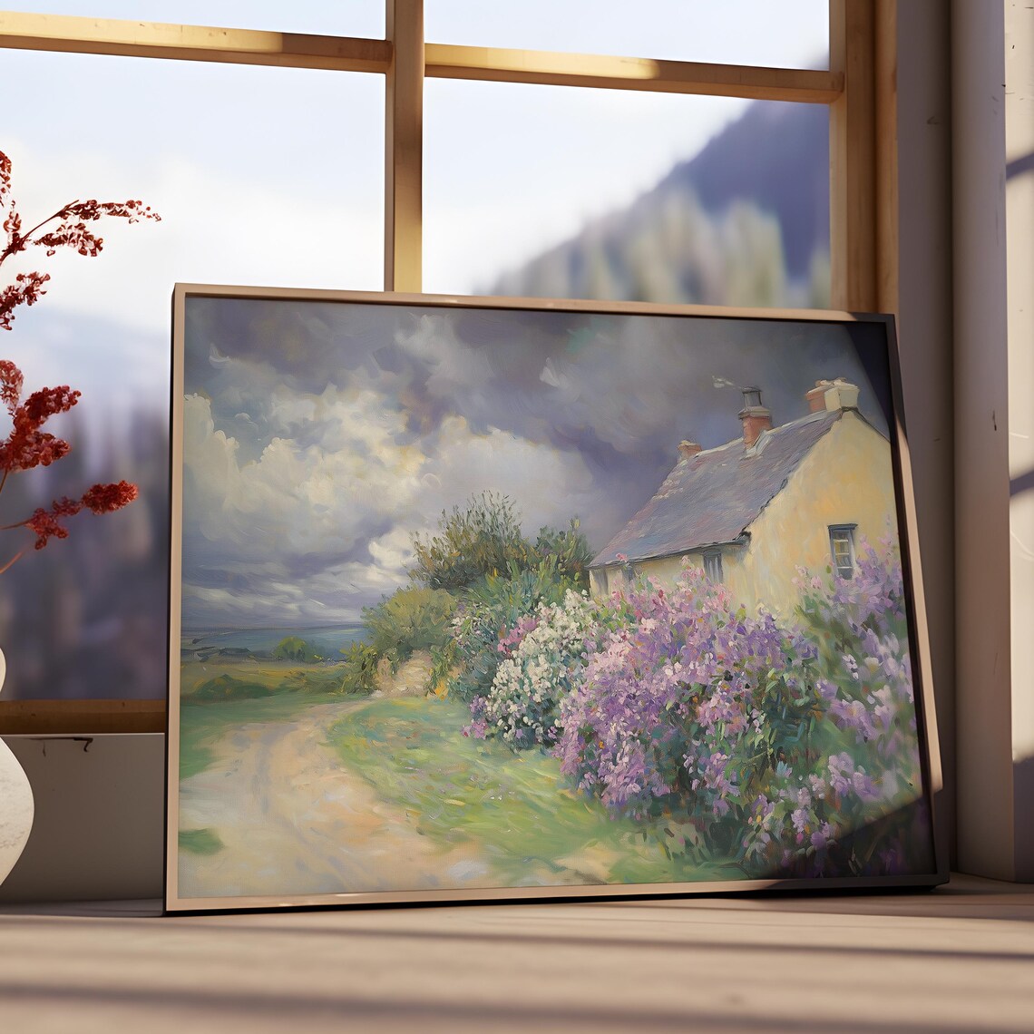 Coastal Cottage Lilac Bush Stormy Sky Country Lane Oil Poster - Image 3