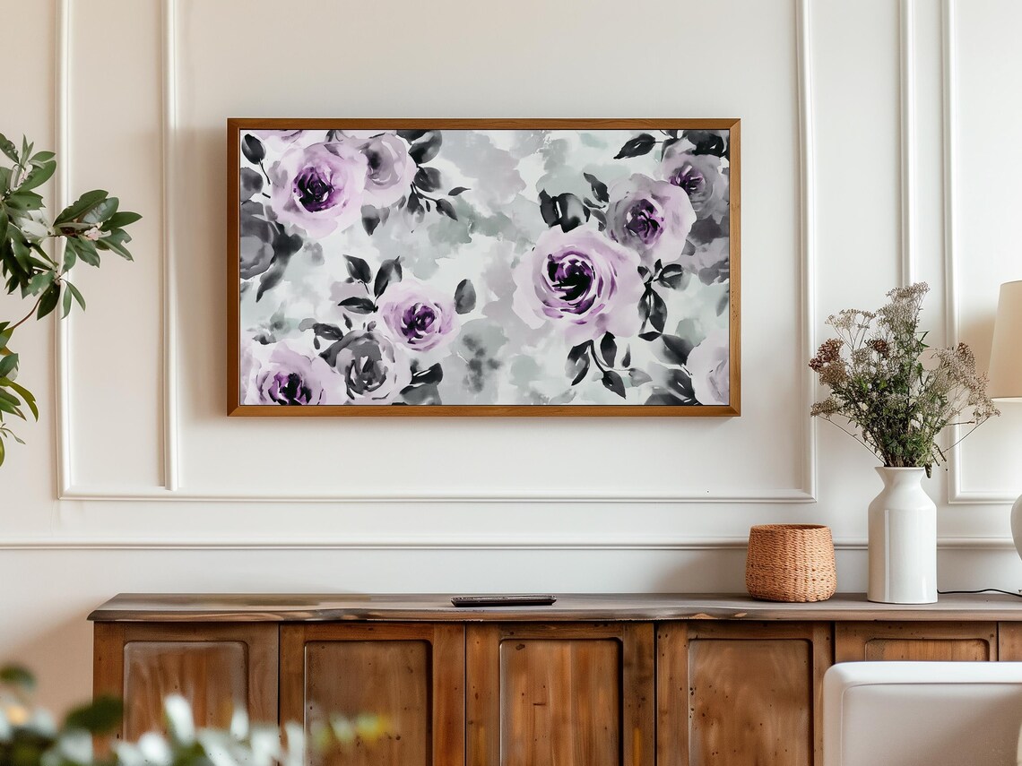 Purple Gray Rose Watercolor Floral Pattern Frame TV Art Print - Image 3
