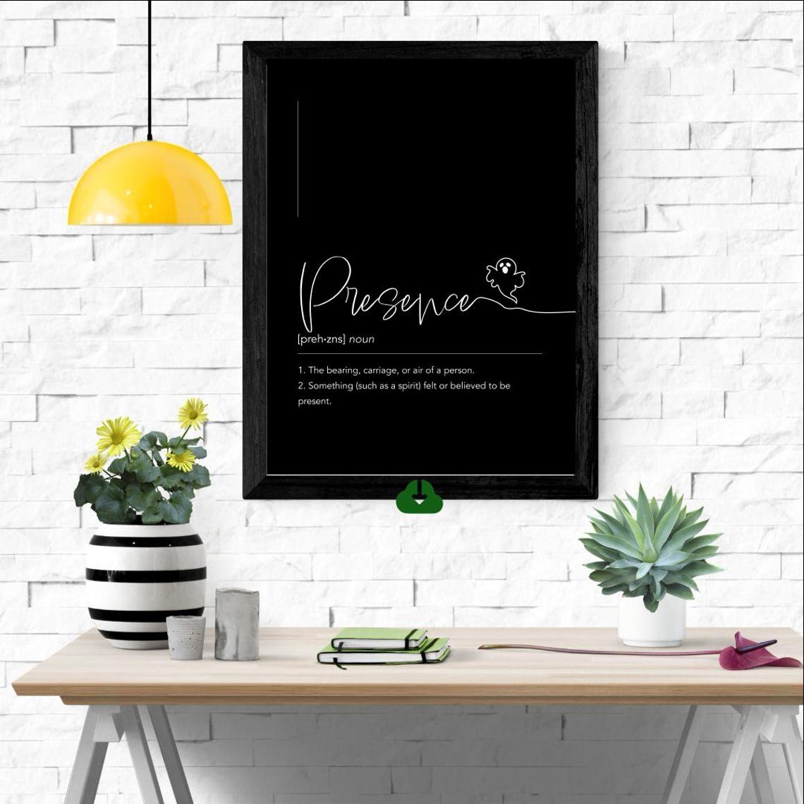 Presence Script Definition Black Background Ghost Doodle Art Poster - Image 2