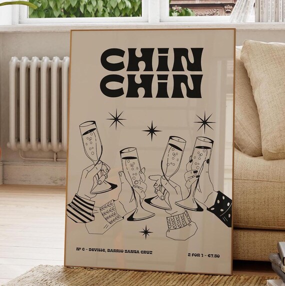 Chin Chin Champagne Toast Celebration Poster Retro Bar Wall Decor
