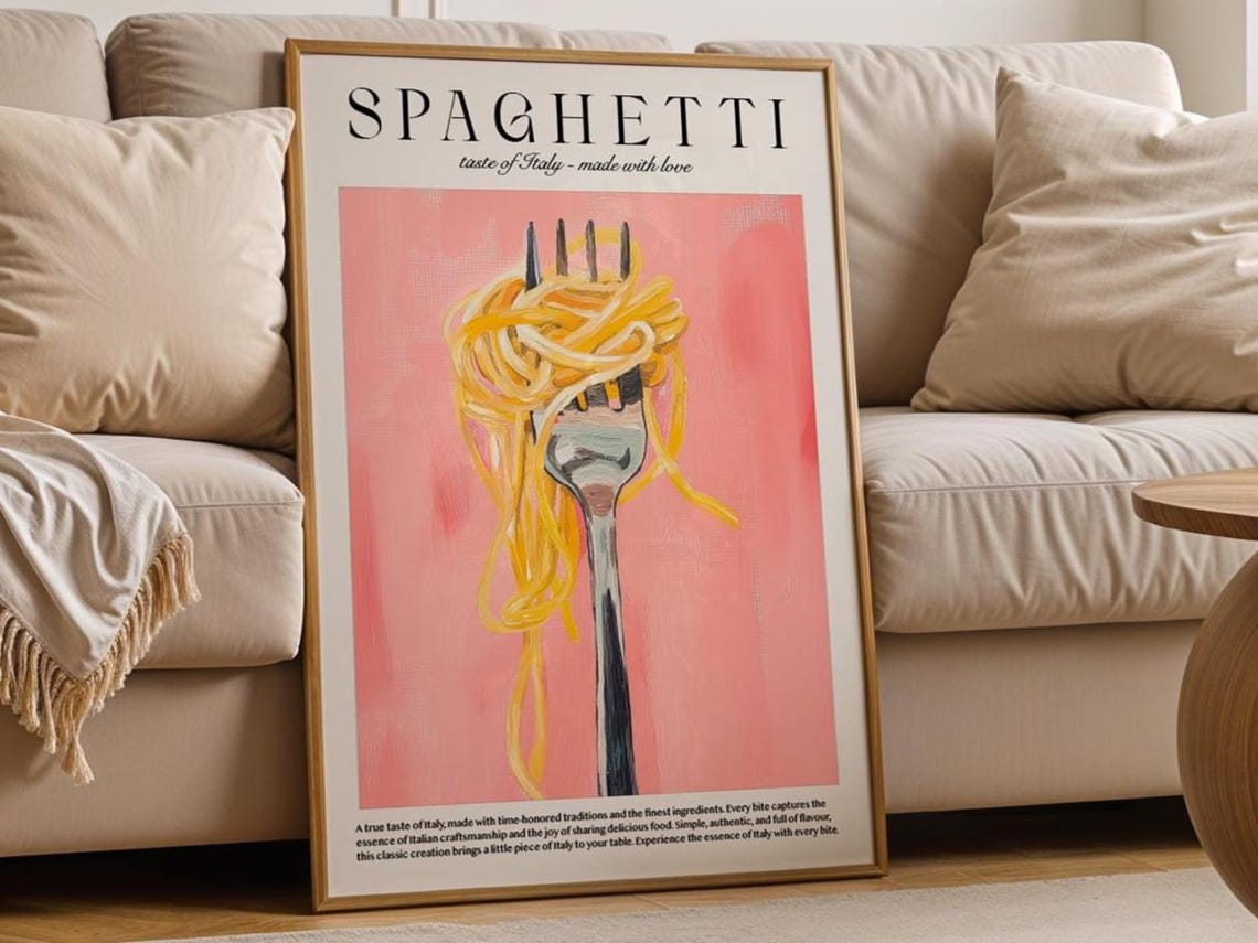 Spaghetti Italian Pasta Illustration Poster Fork On Pink Background
