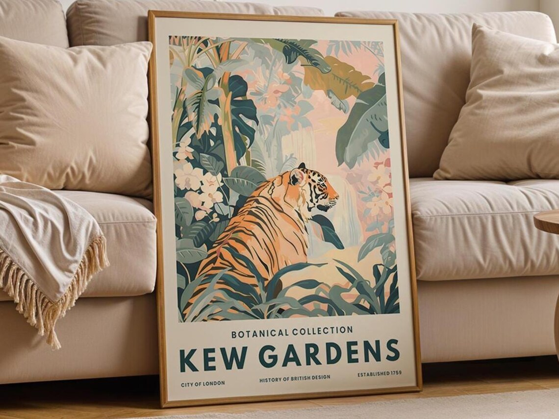Vintage Tiger Print, Botanical Jungle Art