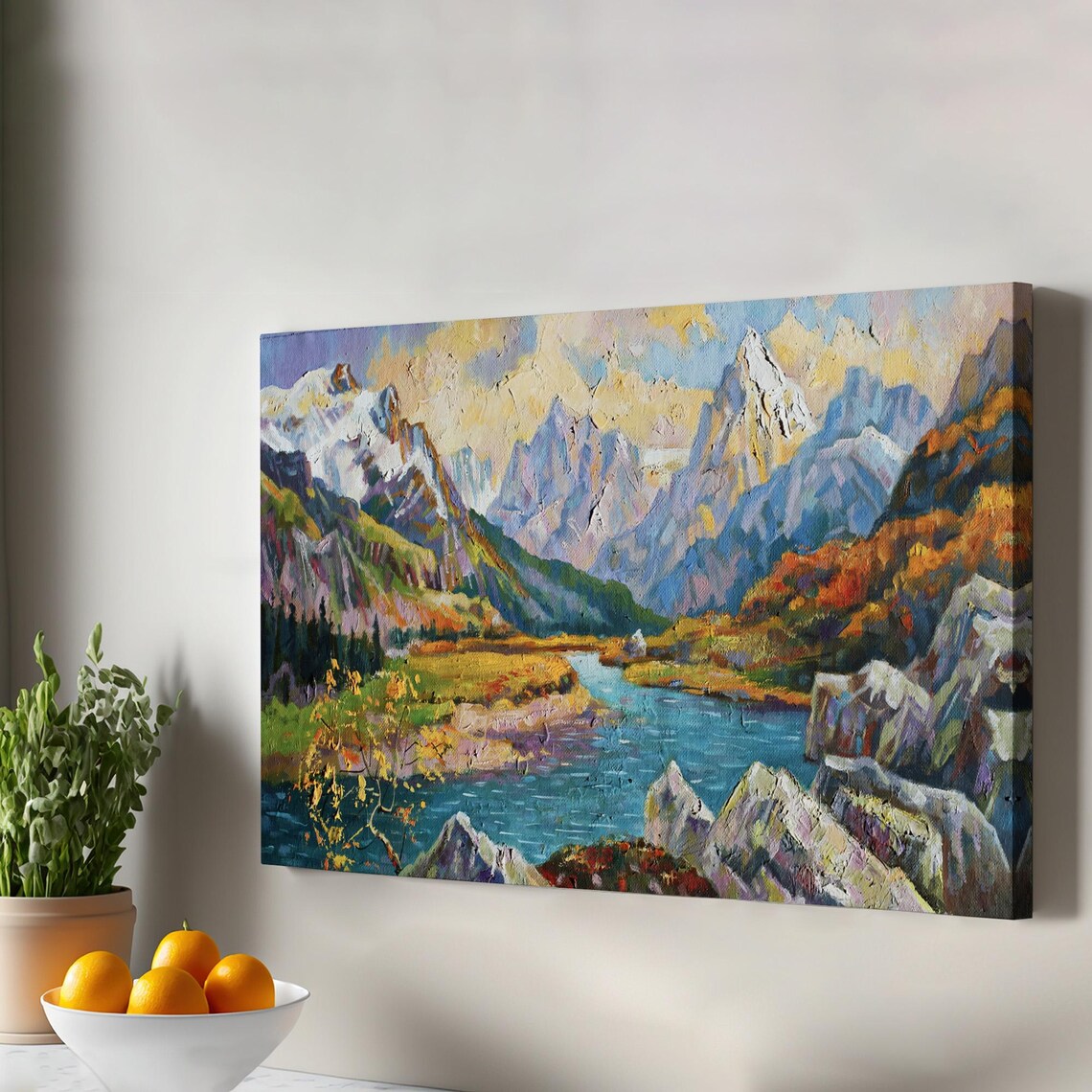 Caucasus Mountains Snowy Peaks River Valley Oil Painting Wall Art