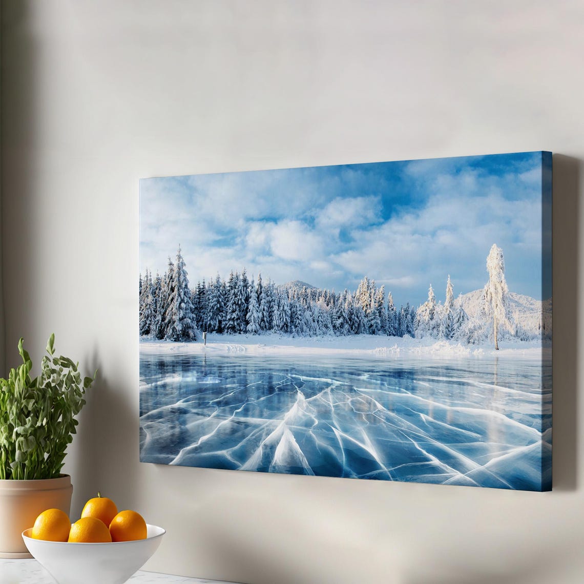 Frozen Cracked Ice Lake Winter Landscape Poster with Snowy Forest