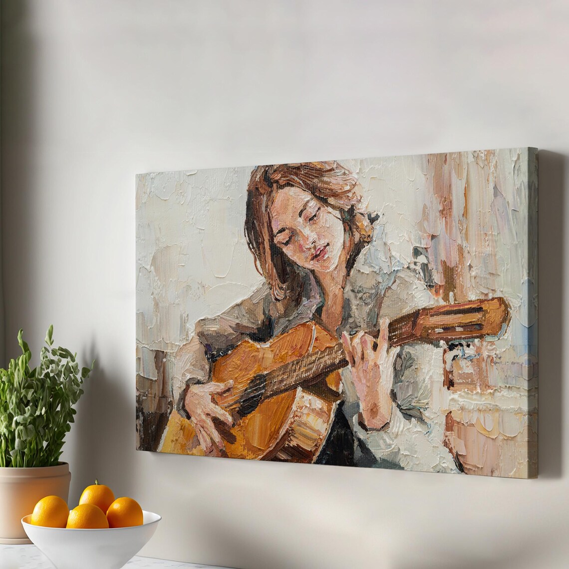 Girl Playing Guitar Impasto Oil Painting Music Canvas Art Poster