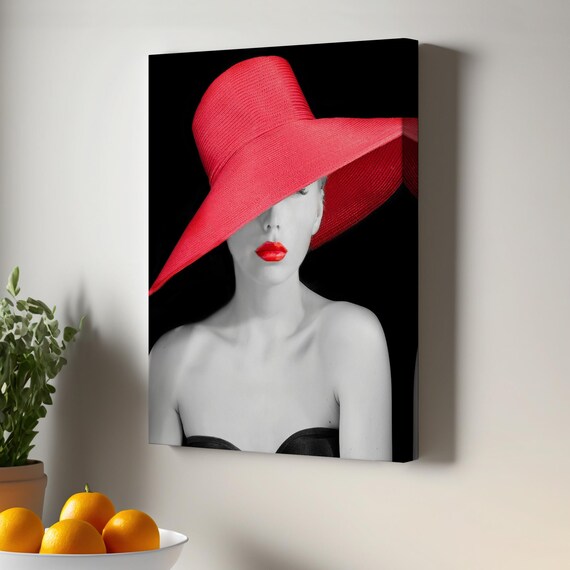 Elegant Woman Red Hat Red Lipstick Black and White Fashion Photography Wall Art