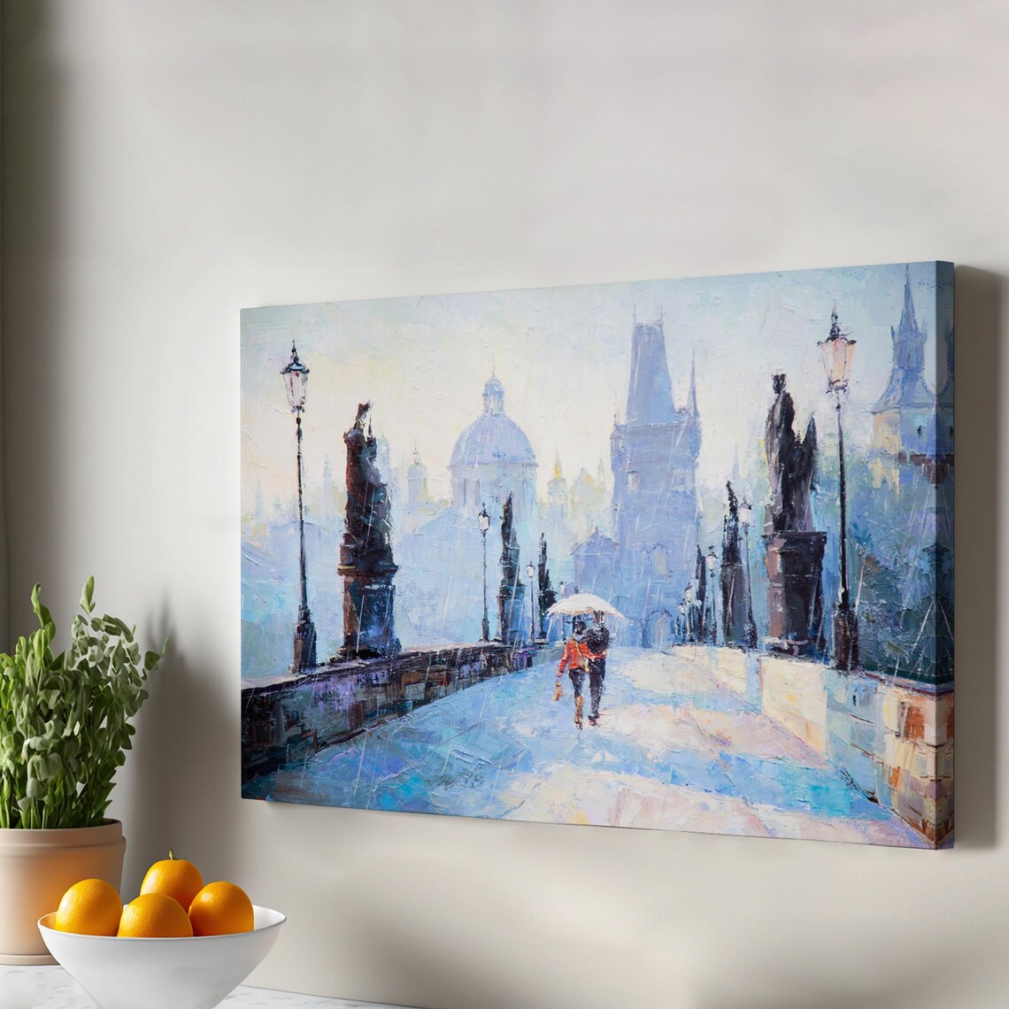 Charles Bridge Prague Couple Umbrella Old Town Oil Painting Poster