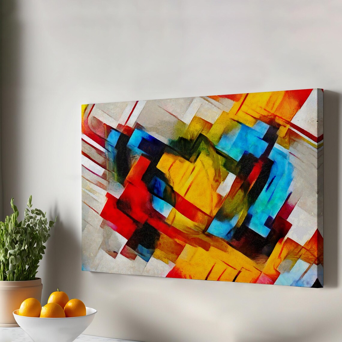Picasso Style Geometric Abstract Red Yellow Blue Oil Painting Look Wall Art