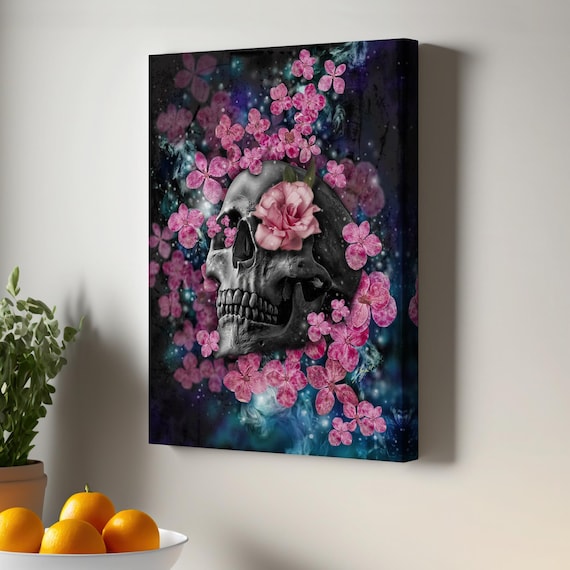 Skeleton Skull And Pink Flowers Canvas Wall Art Surreal Print Large Modern Decor