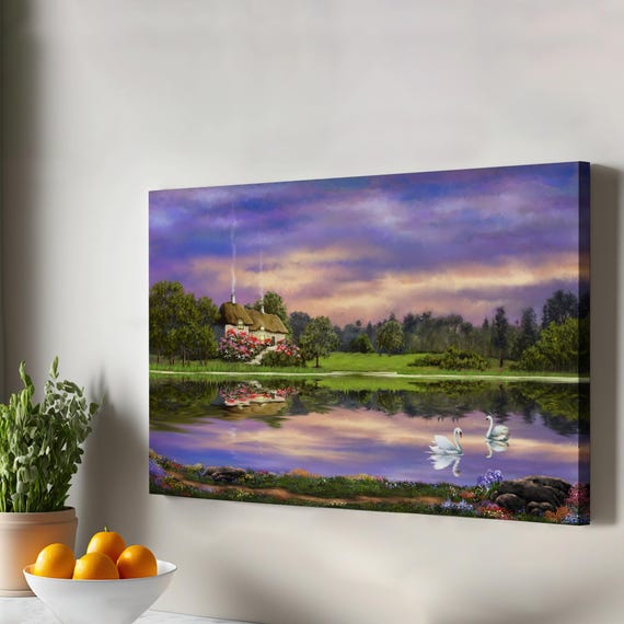 Lakeside Forest House Landscape Oil Painting Look Decorative Canvas Wall Art Nature Decor Print