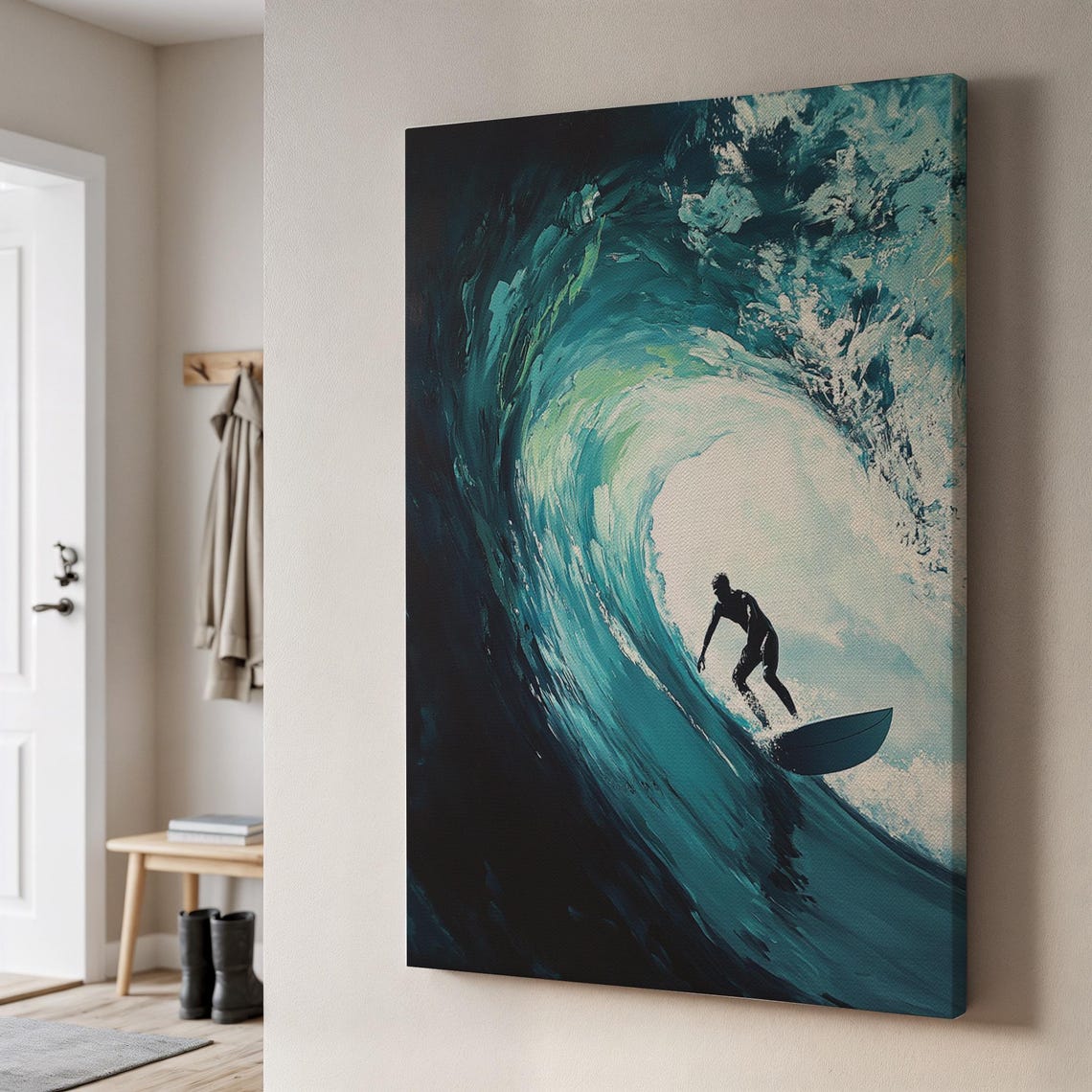 Surfer Riding Ocean Barrel Wave Teal Curl Silhouette Canvas Print