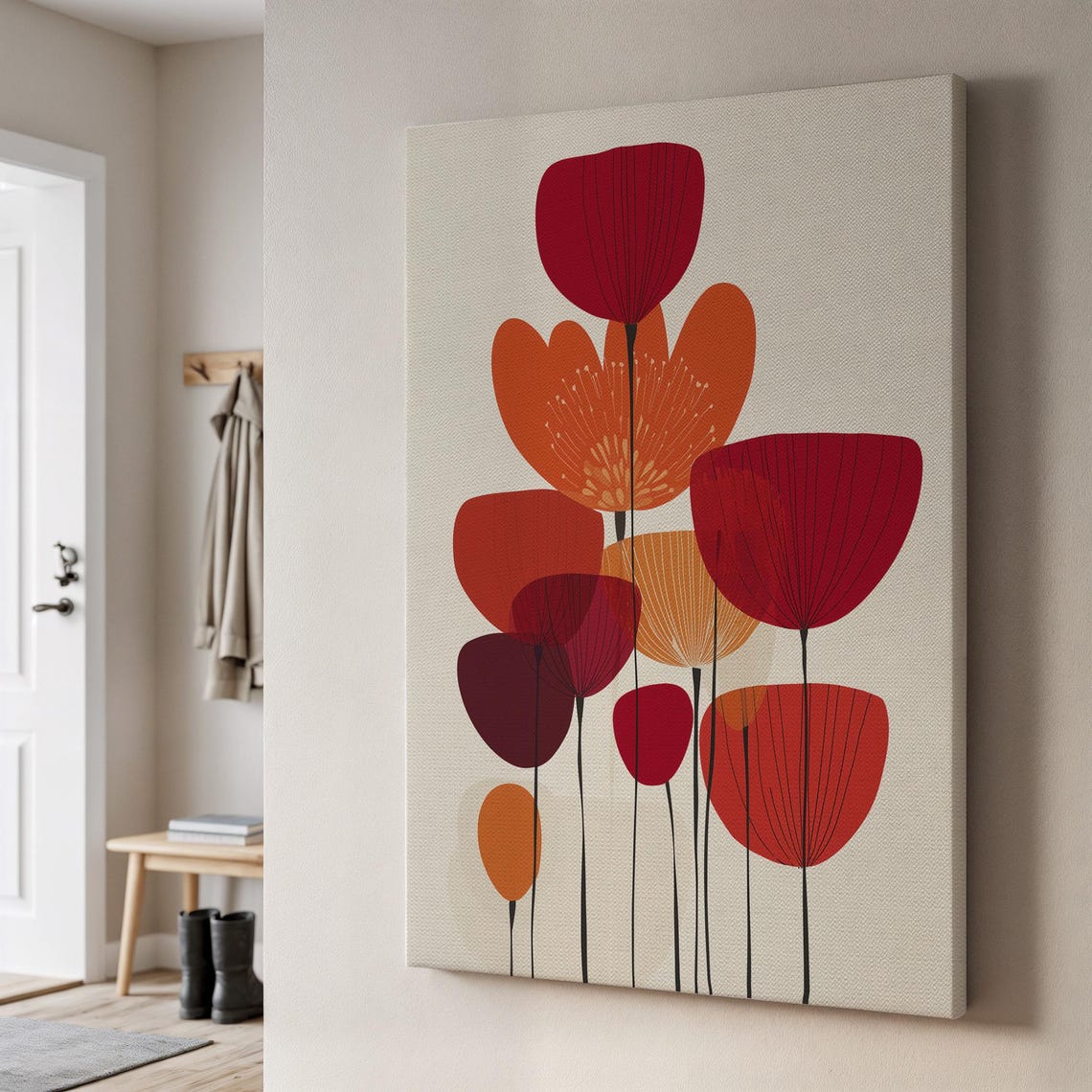 Bold Red and Orange Modern Abstract Floral Canvas Art Poster