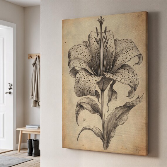 Vintage Botanical Lily Flower Antique Ink Illustration Art Poster