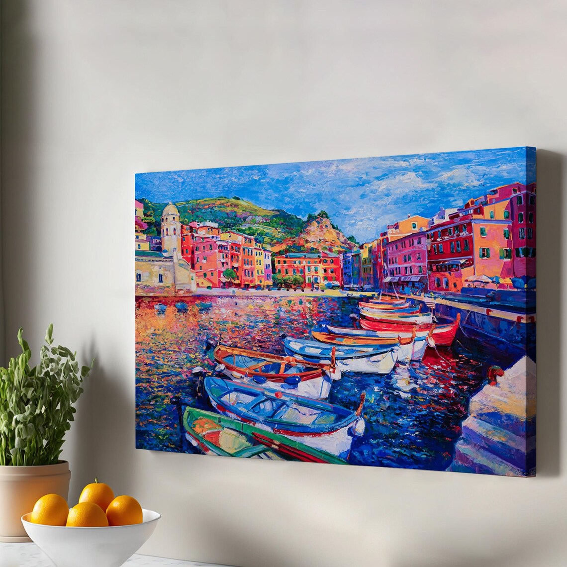 Colorful Sunny Fishing Boats Harbor Village Oil Painting Print