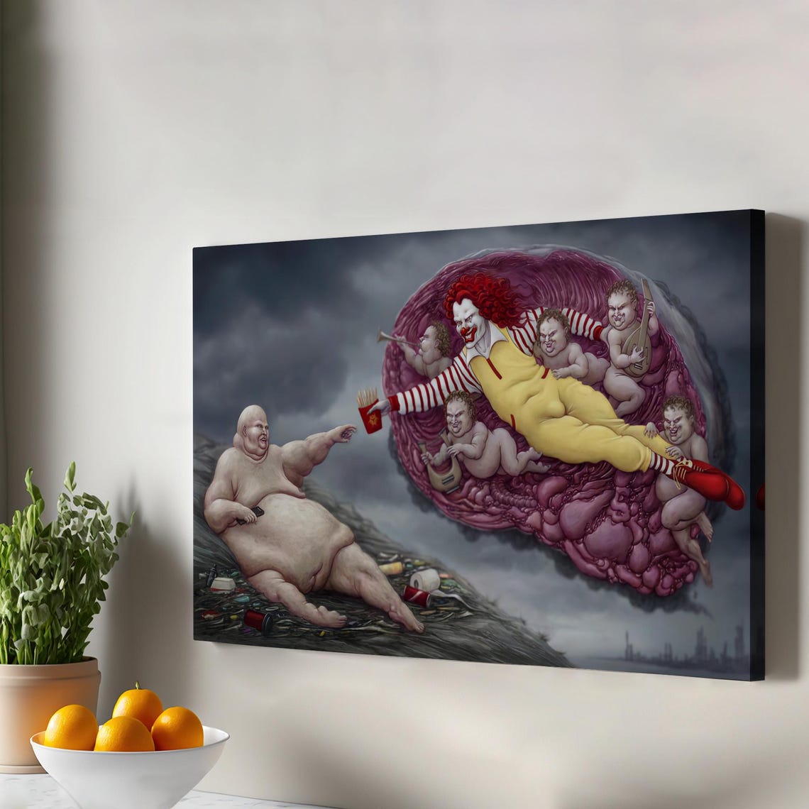 Fast Food Clown Satire Michelangelo Creation Of Adam Canvas Print