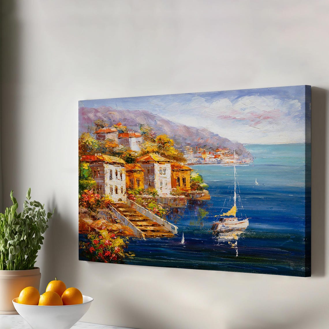Greek Harbor Oil Painting Coastal Village Sailboat Blue Sea Poster