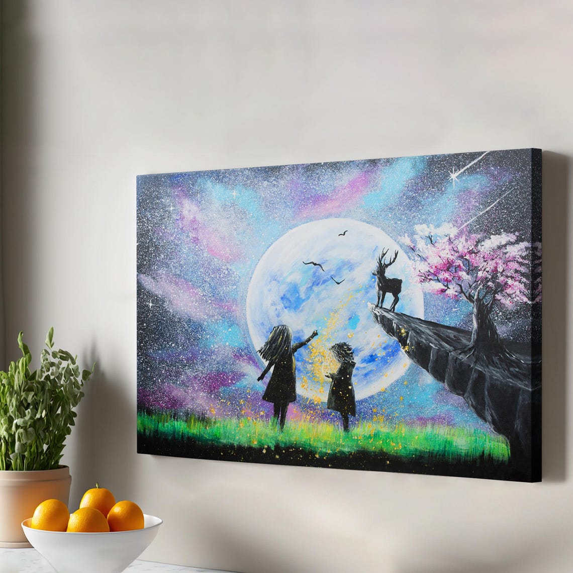 Two Girls Moon Deer Fantasy Night Sky Painting Poster Design Artwork