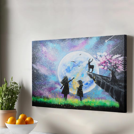 Children Watching The Moon At Night Wall Art Nature Canvas Decor