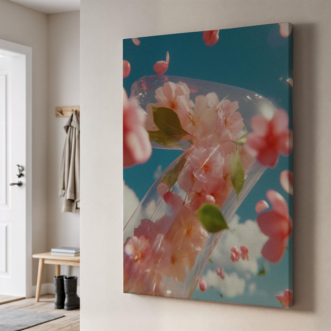 Dreamy Pink Cherry Blossom Veil Floating Flowers Teal Sky Wall Art
