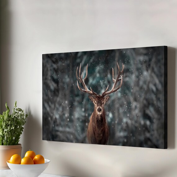 Majestic Stag Snowy Winter Forest Antlers Wildlife Art Poster