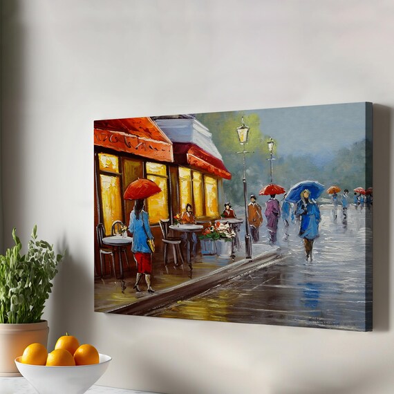 Rainy Day European Street Cafe Umbrellas Oil Painting Style Poster