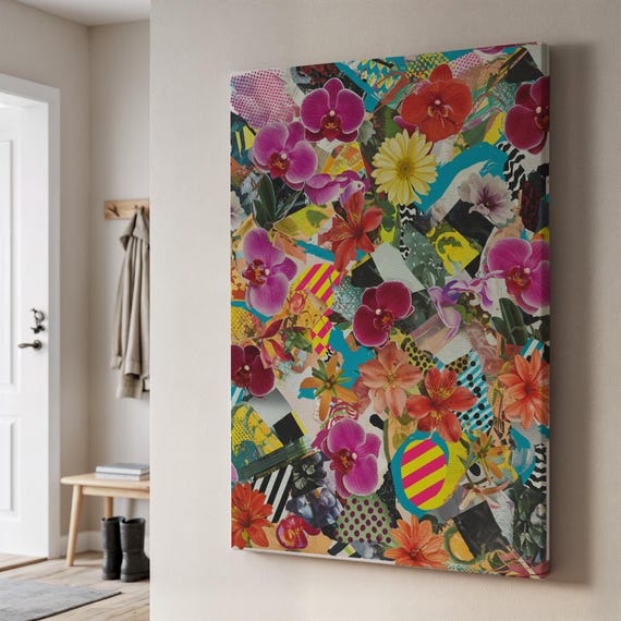 Colorful Floral Collage Canvas Wall Art Modern Pop Flowers With Geometric Abstract Print Bold Statement Decor Gift For Lovers