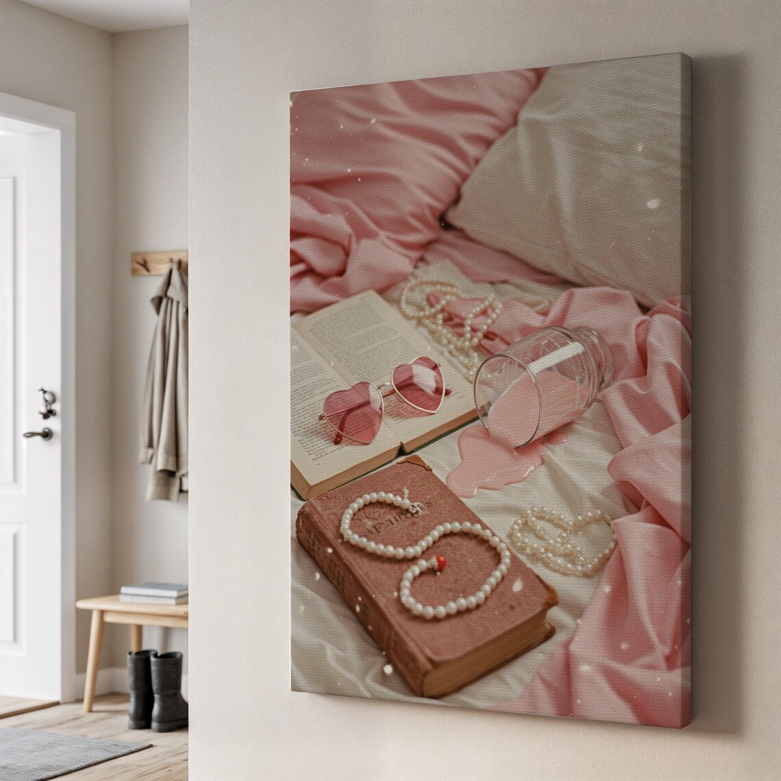Pink Romantic Still Life Canvas Cozy Book Pearls Heart Sunglasses Wall Poster