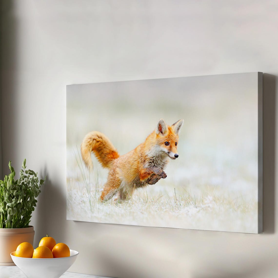 Playful Baby Red Fox Pouncing in Snowy Meadow Wildlife Poster