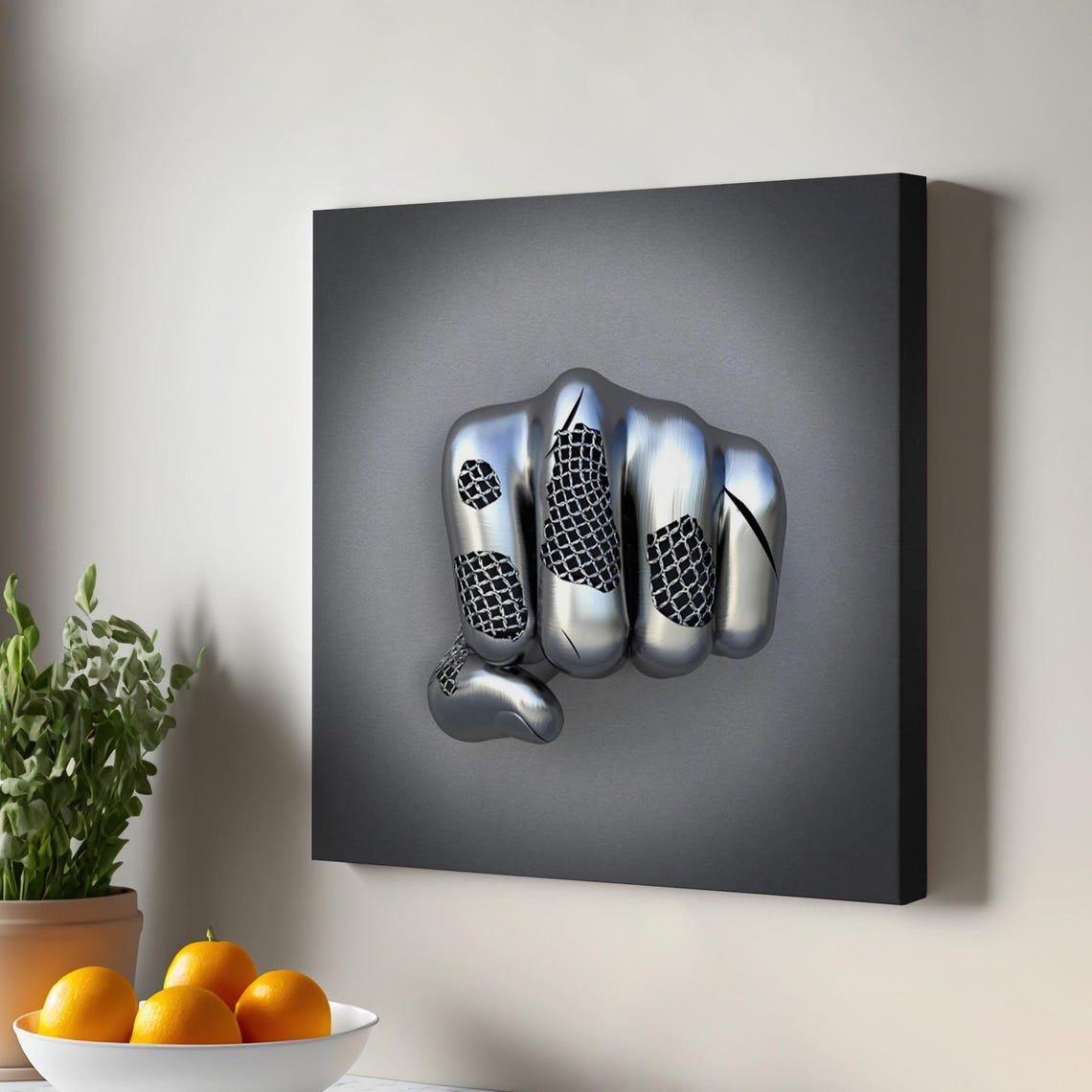 Metallic Silver 3D Fist Cracked Chrome Surreal Abstract Art Poster