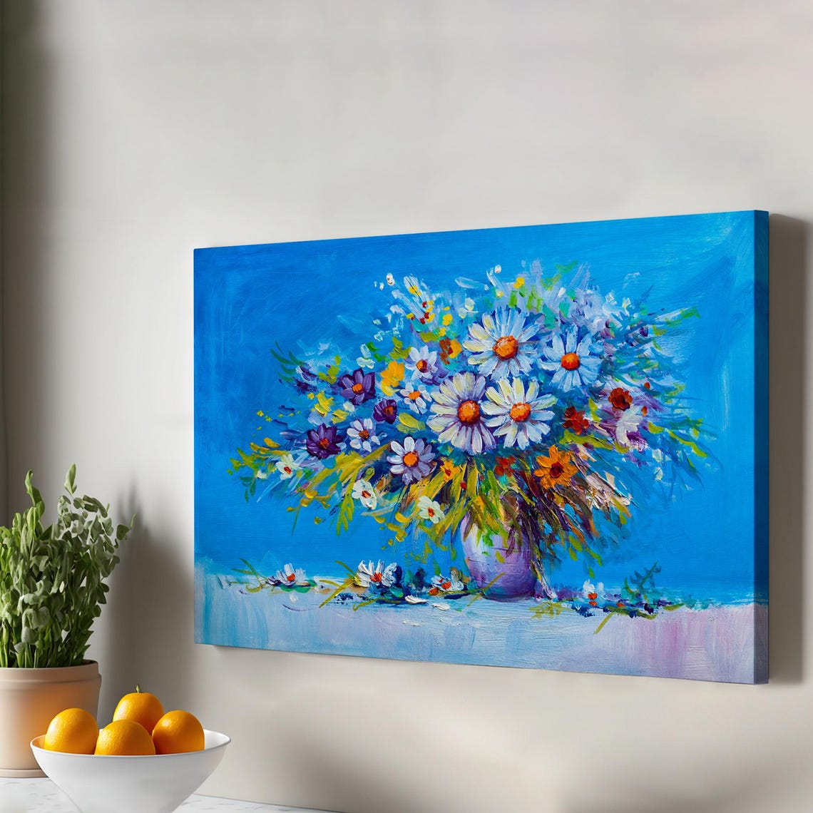 Daisies And Wildflowers In Vase Blue Background Oil Style Canvas Print