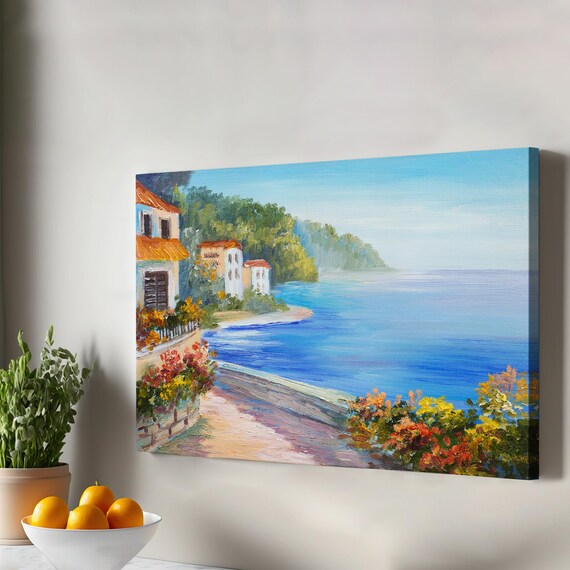 Mediterranean Coastal Village Seaside Oil Painting Style Canvas Wall Art