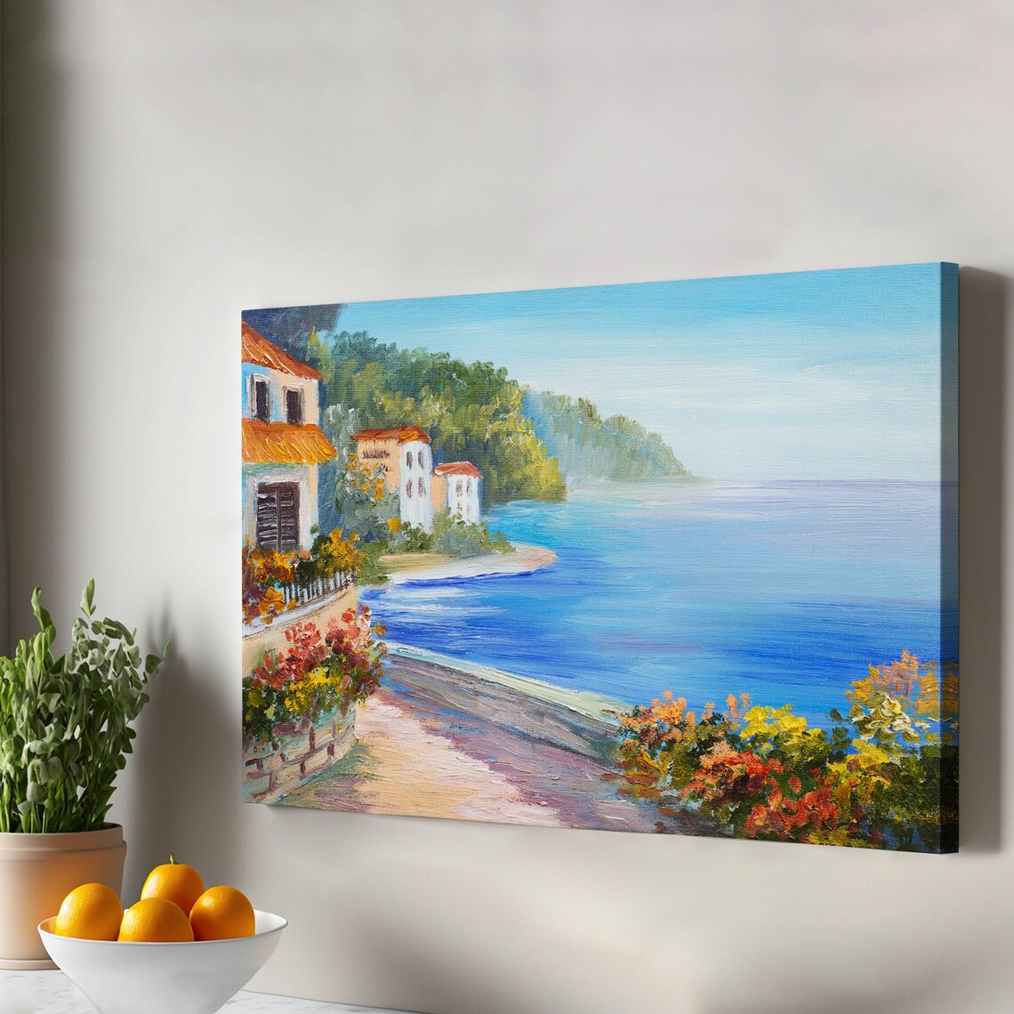 Mediterranean Coastal Village Seaside Oil Painting Style Canvas Wall Art