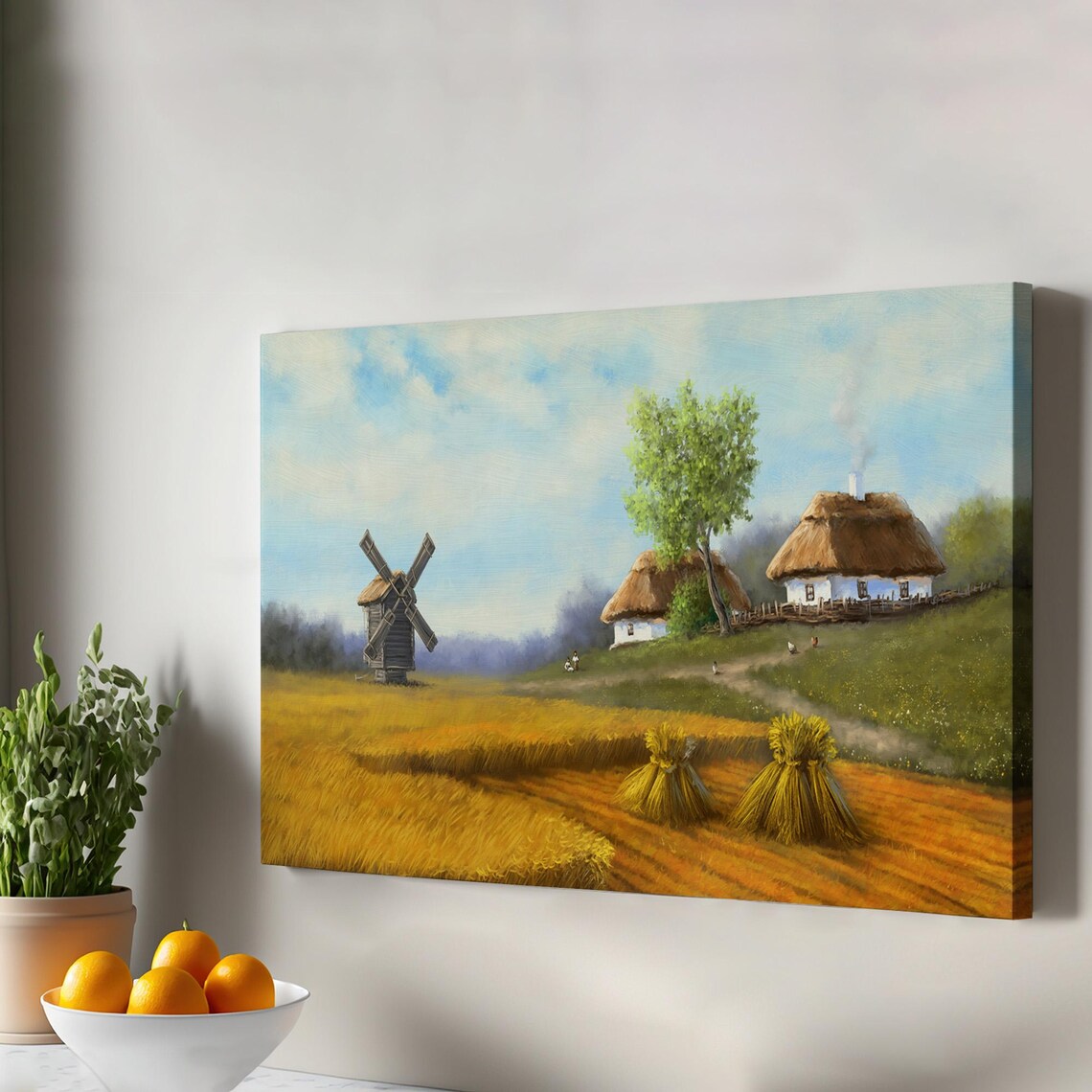 Ukrainian Village Windmill Thatched Cottages Golden Wheat Field Canvas Wall Art