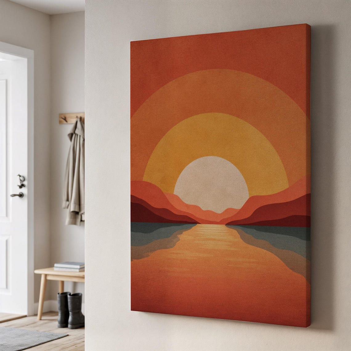 Retro Boho Sunset Over Water Warm Orange Circles Canvas Style Poster
