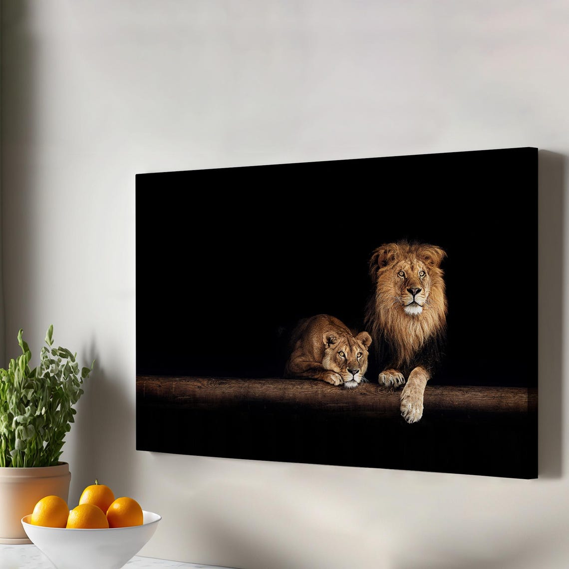 Lion and Lioness Resting on Log Dramatic Black Wildlife Print