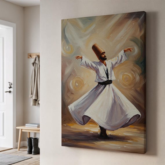 Sufi Whirling Dervish Canvas Art Turkish Mystic Dance Painting Spiritual Wall Decor Framed Gift For Calm Home Inner Reflection