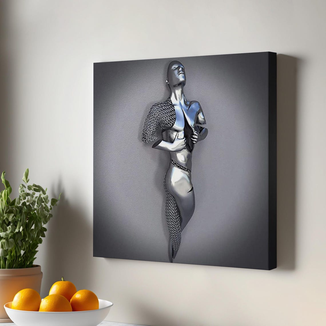 Silver Metallic Female Figure Chainmail Surreal 3D Art Poster