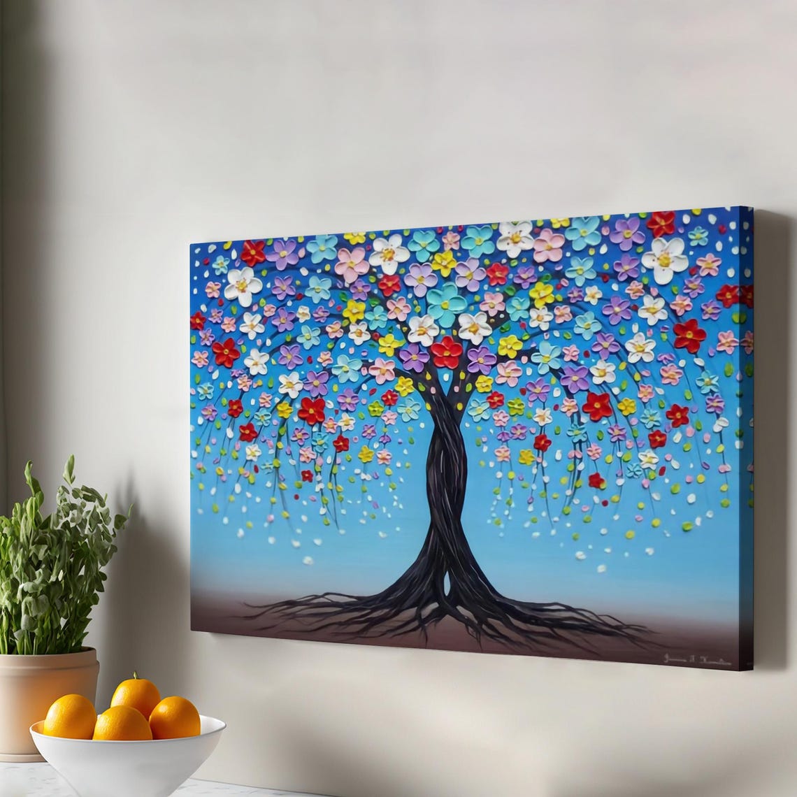 Tree Of Life With Colorful Flowers Bright Blue Canvas Poster