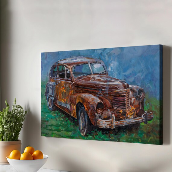 Rusty Vintage Sedan Oil Painting Weathered Classic Car Field Art Print
