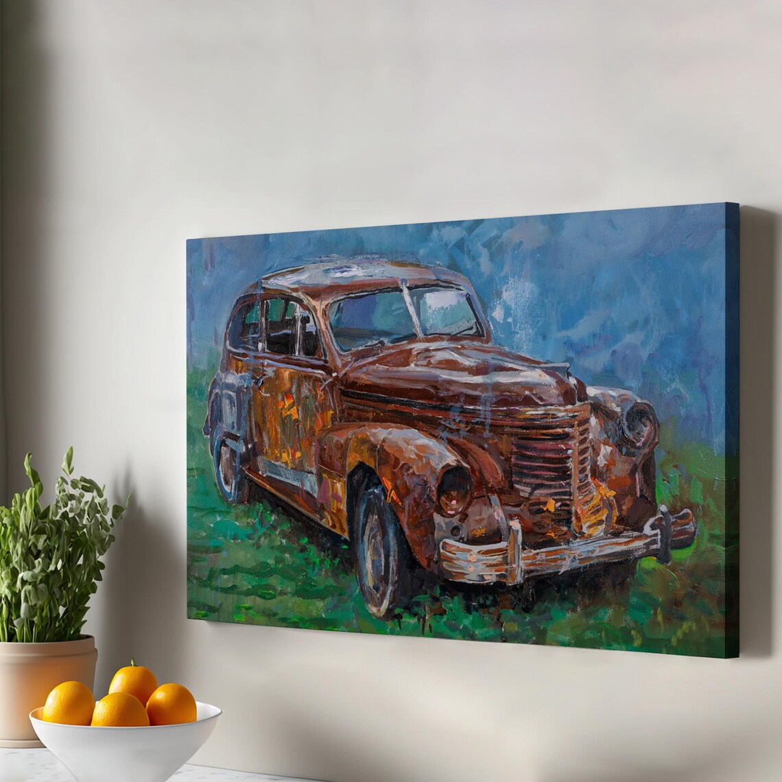 Rusty Vintage Sedan Oil Painting Weathered Classic Car Field Art Print