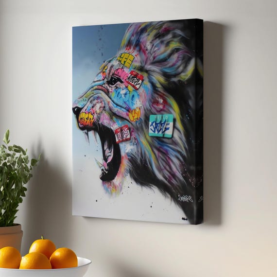 Colorful Roaring Lion Canvas Print Pop Art Street Framed Wall Modern Decor