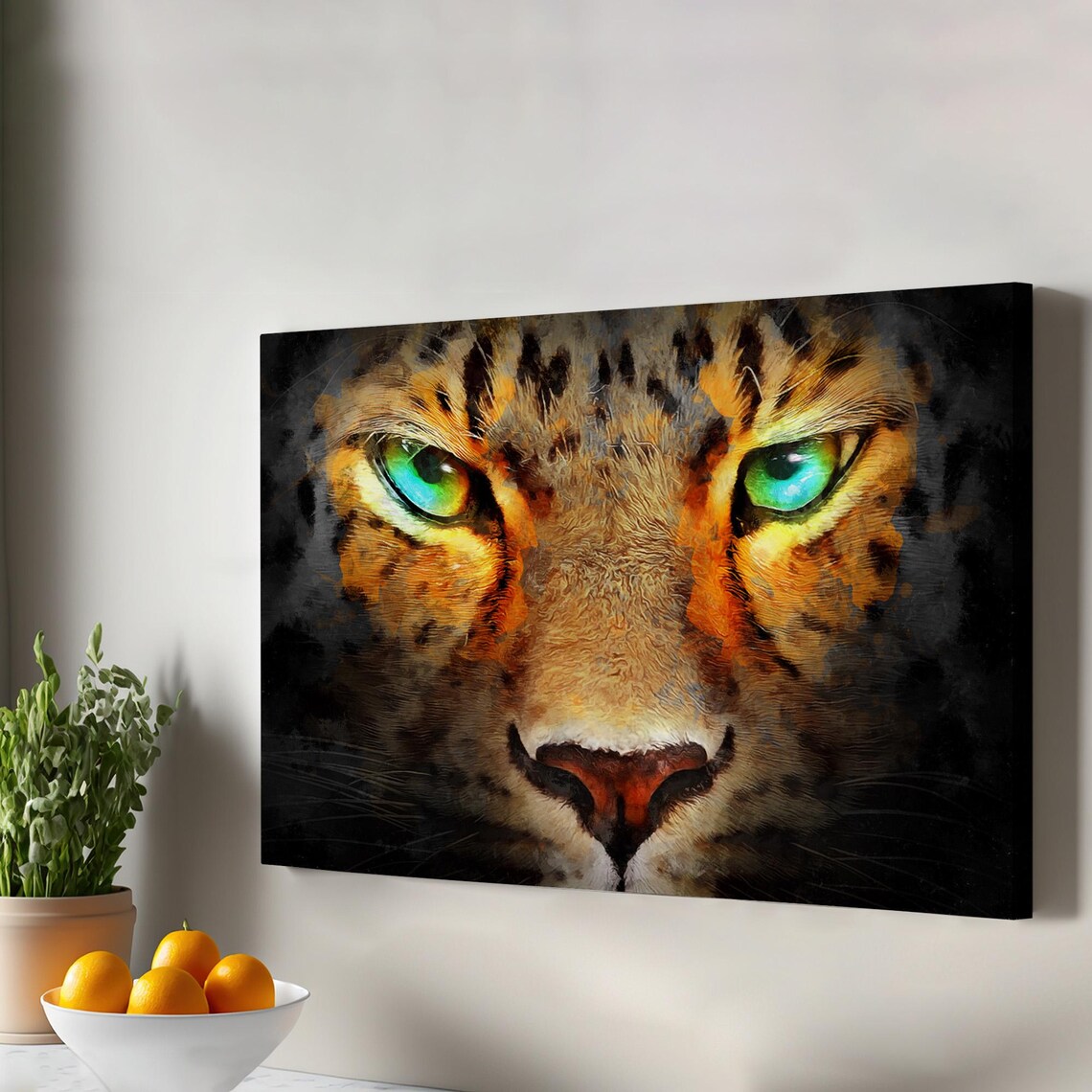 Cheetah Close-Up Portrait Piercing Green Eyes Oil Painting Wall Art