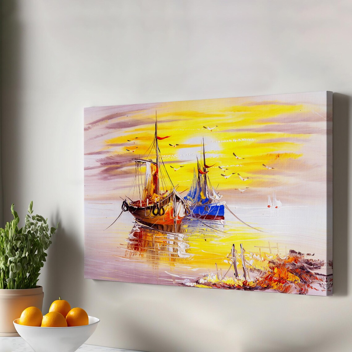 Sailing Boats Golden Sunset Painting Seagulls Harbor Calm Water Impressionist Wall Art