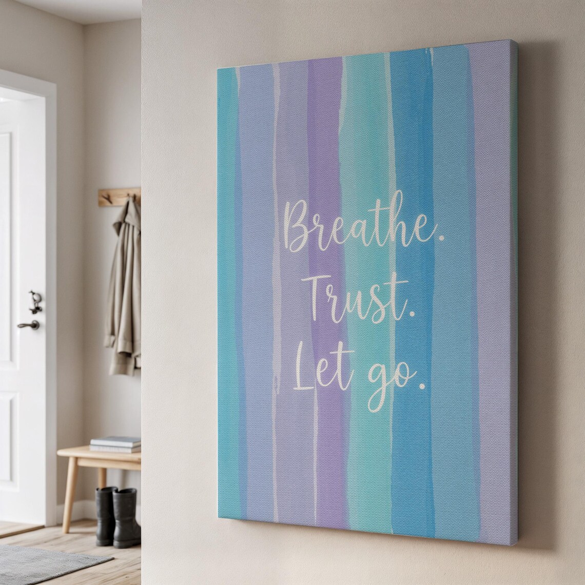 Breathe Trust Let Go Blue Purple Watercolor Stripes Quote Canvas Print