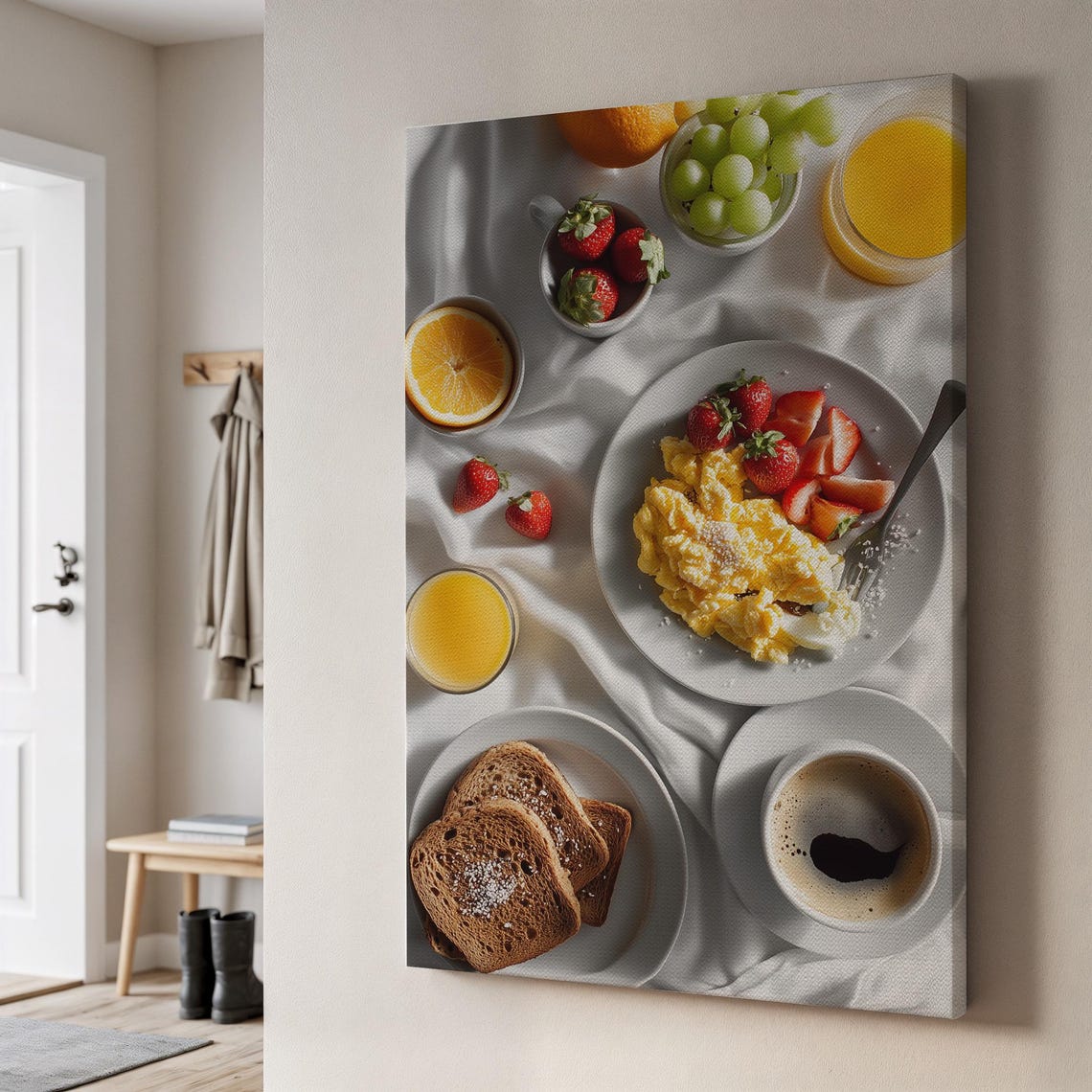 Cozy Breakfast Still Life Scrambled Eggs Berries Coffee Canvas Print
