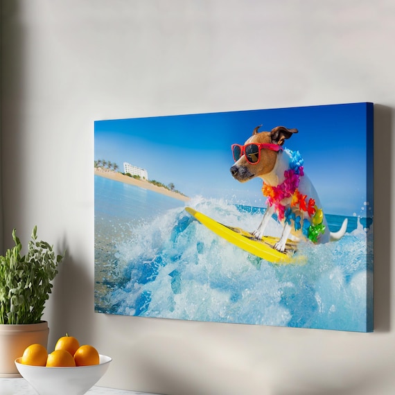 Funny Dog Water Skiing With Sunglasses And Lei Summer Canvas Wall Art