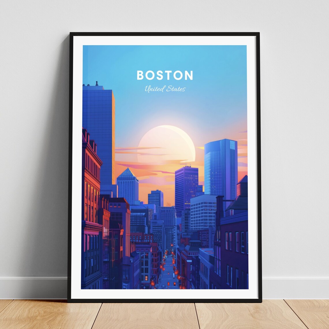 Boston Massachusetts Street View Moon Rising City Travel Art Poster