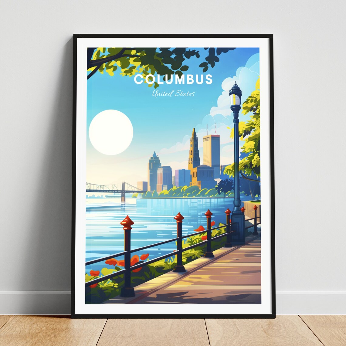 Columbus Ohio Riverfront Promenade City Skyline Sunny Day Poster