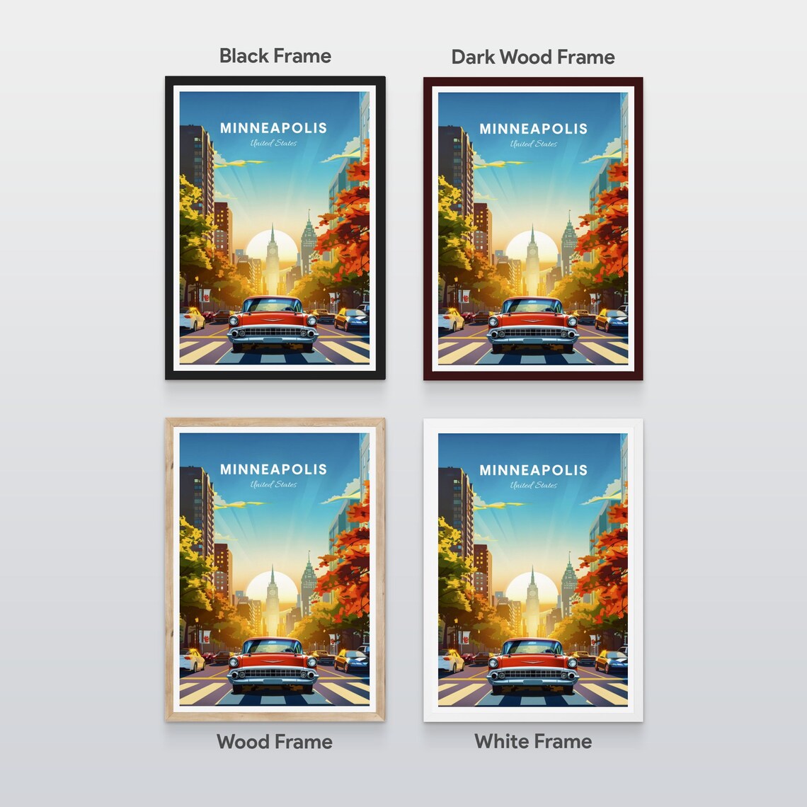 Minneapolis Minnesota Vintage Car Downtown Sunset Street Travel Poster - Image 2